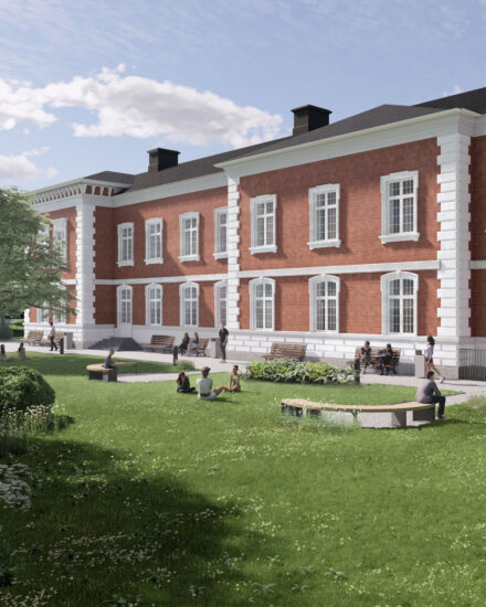 Visualisering av den historiska tegelpaviljongen i Sankt Larsparken, Lund, med park framför